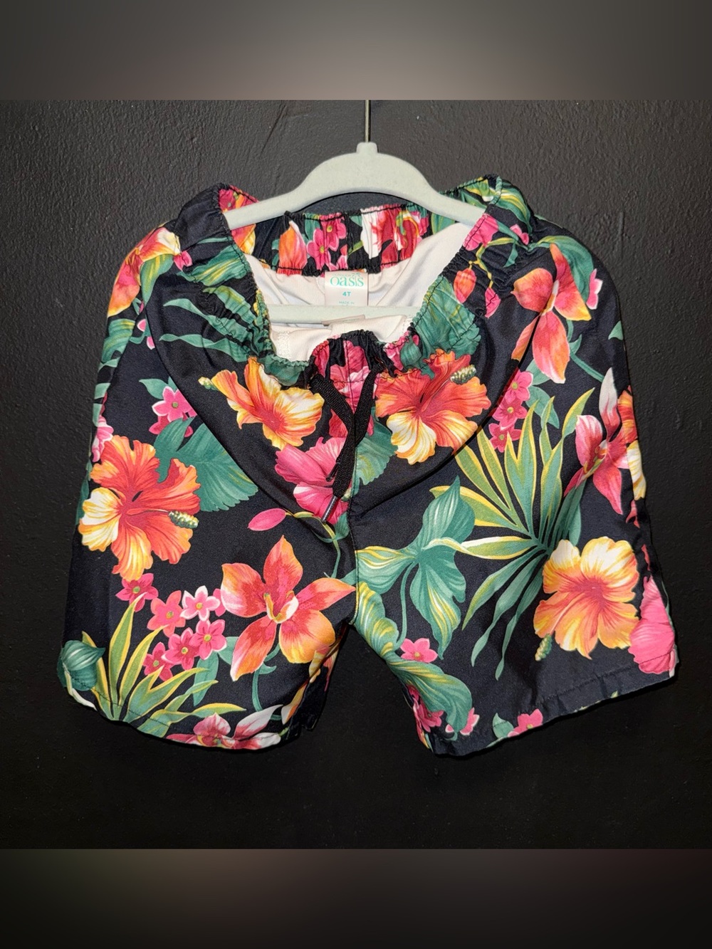 Oasis Black Tropical Floral Drawstring Swim Trunks, 4T